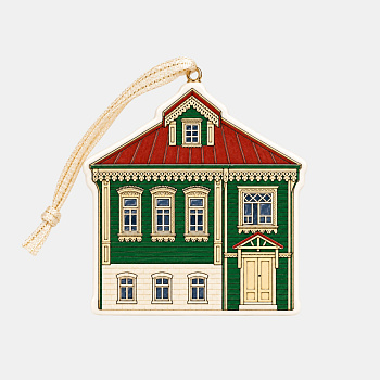 Ёлочная игрушка на подвесе. Домик зеленый с красной крышей #